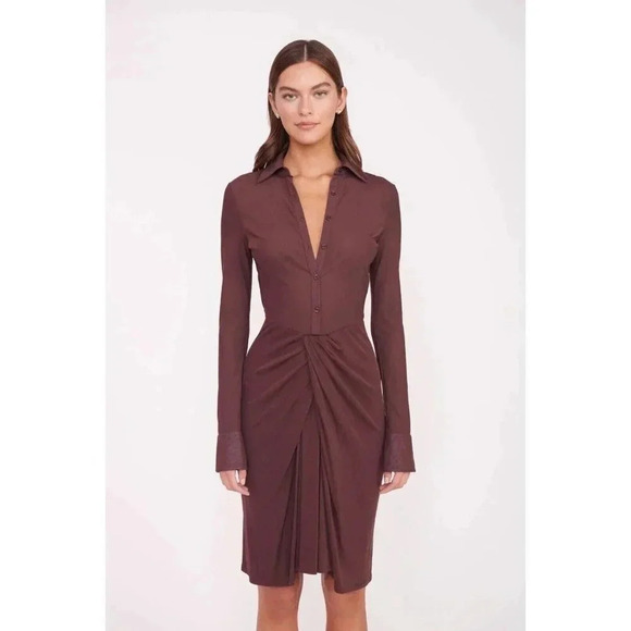Staud Brendan Sheer Micromesh Shirt Dress in Bark Size Medium - Picture 1 of 15